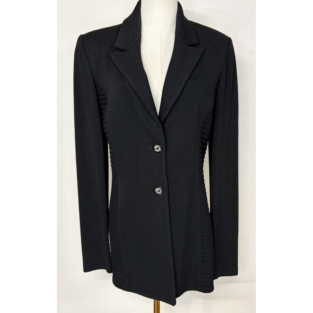 St John Evening Marie Gray Vintage Black Knit Blazer Jeweled Buttons Size 6 USA - Picture 2 of 10